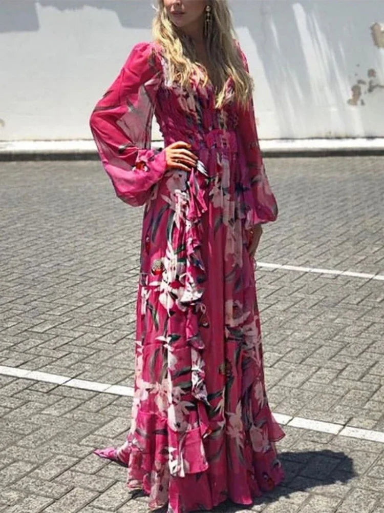 GR | Long-sleeved summer dress with V-neck and high waist