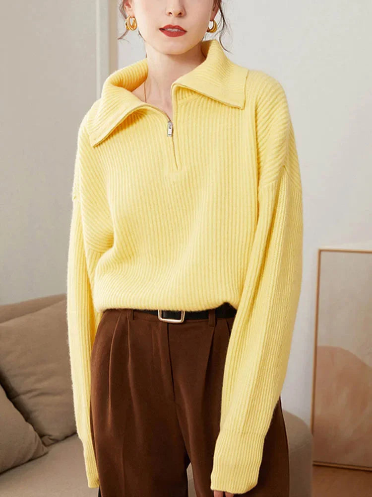Striped turtleneck women's sweater with zipper