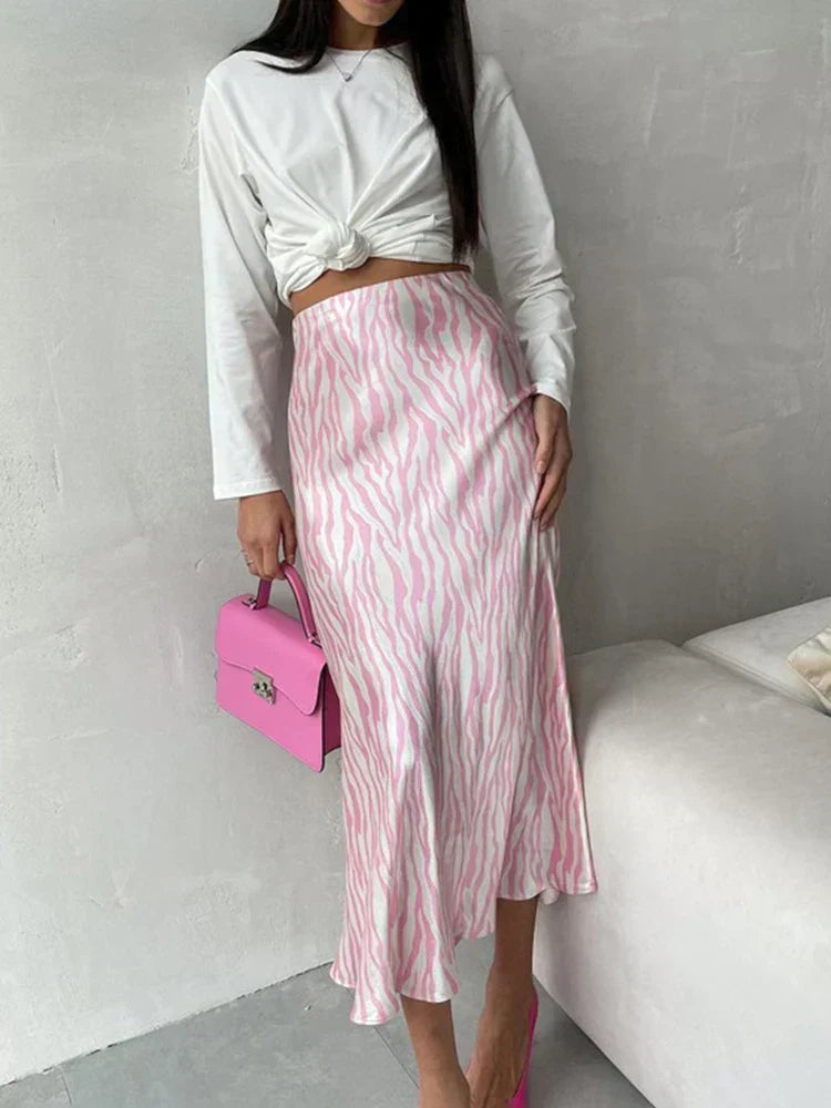 GR | Sommer Herbst Damen Elegant Midi Satin Röcke Gedruckt Hohe Taille Büro Damen Bodycon Bleistift Enger Rock für Damen