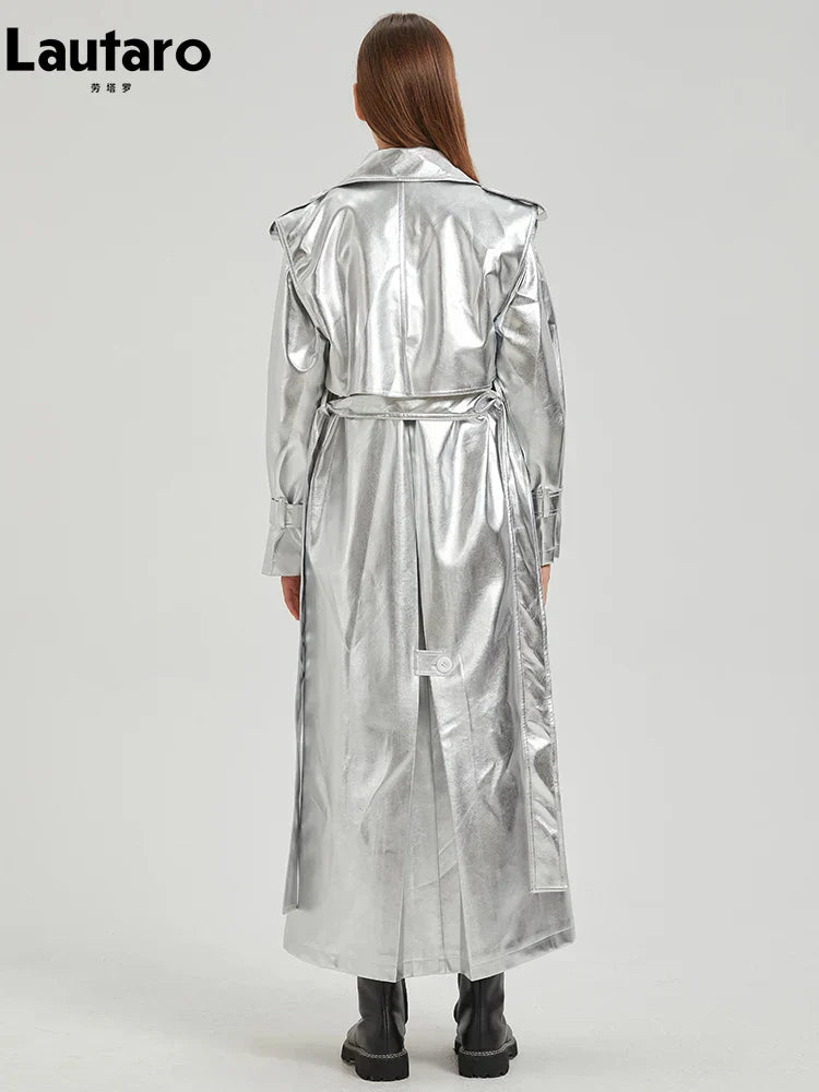 GR | Lautaro Autumn Extra Long Gold Shiny Patent PU Leather Trench Coat for Women Simple Buckle Luxury Designer Overcoat