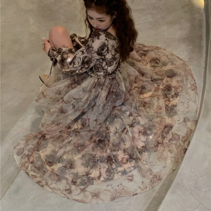 GR | Floral Fairy Princess Dress with Detachable High-Low Skirt Layer 