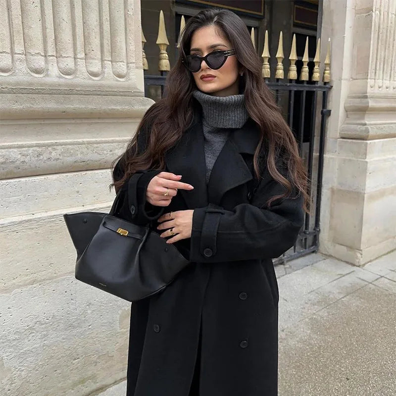 GR | Elegant women's maxi coat with double-breasted buttons and belt