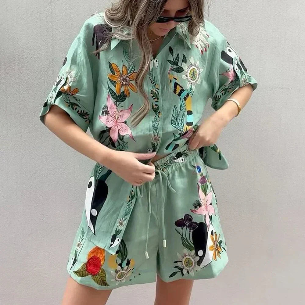 GR | Women's 2-Piece Summer Set New Lounge Holiday Set Loose Fit Print Short Sleeve Collar Button T-Shirt with Shorts Set