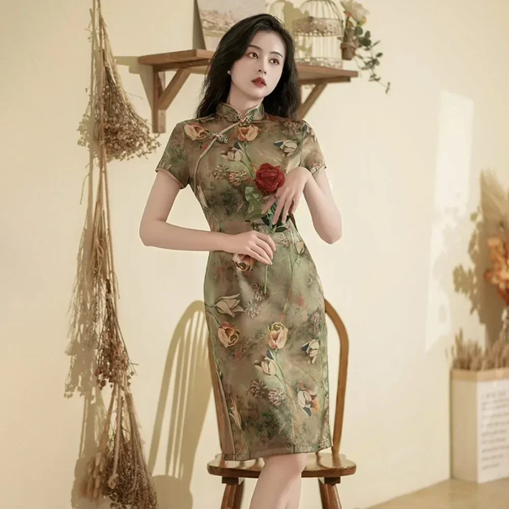 GR | Cheongsam Qipao Fashion Clothing Casual Elegant Ethnic Style Vintage Dress for Women Streetwear Women's Clothing Festive Chinese