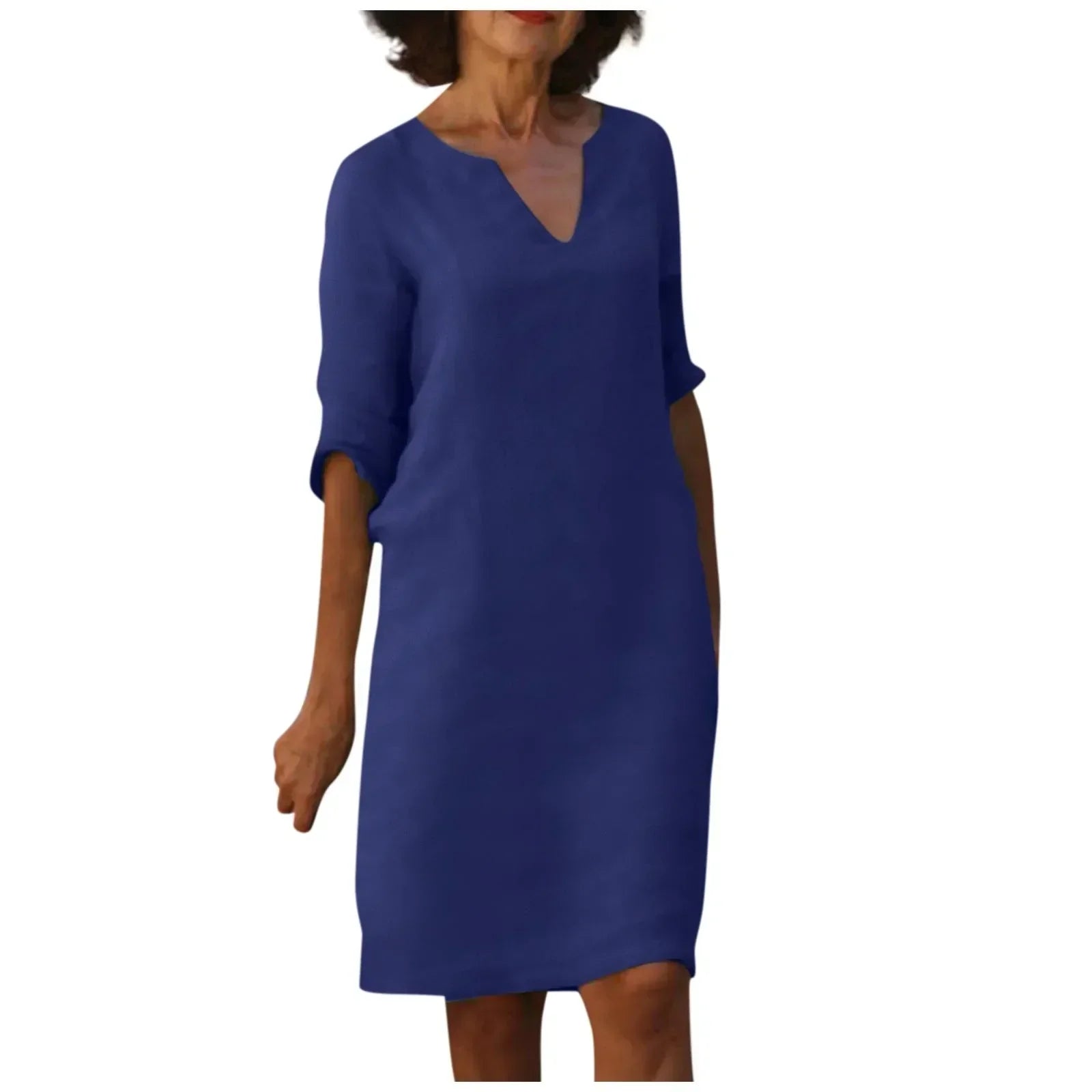 GR | Women's Cotton Linen V-Neck Dress with Half Sleeves