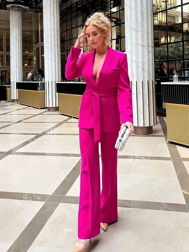 GR | Women's Casual Blazer, Chic Outerwear, Elegant Flared Trousers, Long Sleeve, V-neck, Belt, Office Commuter Suit Set
