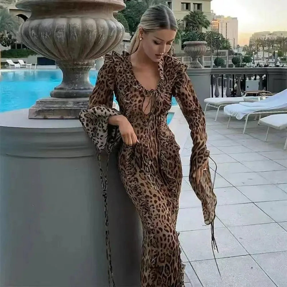 GR | Leopard print dress with ruffles and high slit