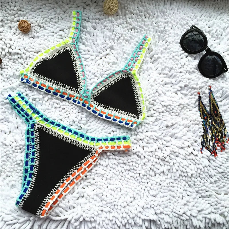 GR | Knitted 2-Piece Bikini Swimsuit for Women, Summer Beach Holiday Swimwear, Sexy Triangle Cup V-Neck Strappy Swimwear