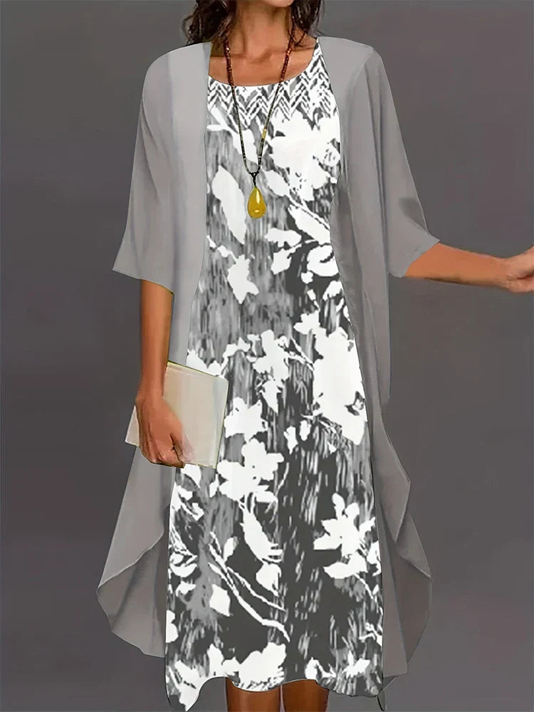 GR | Plus Size Autumn New Women's Floral Pattern Long Dress Printed Pattern Two Piece Dress Round Neck Temperament Elegant Dress