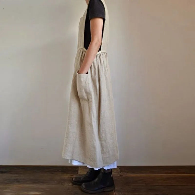 GR | Linen and cotton blend pinafore dress with pockets for women, Pensacola