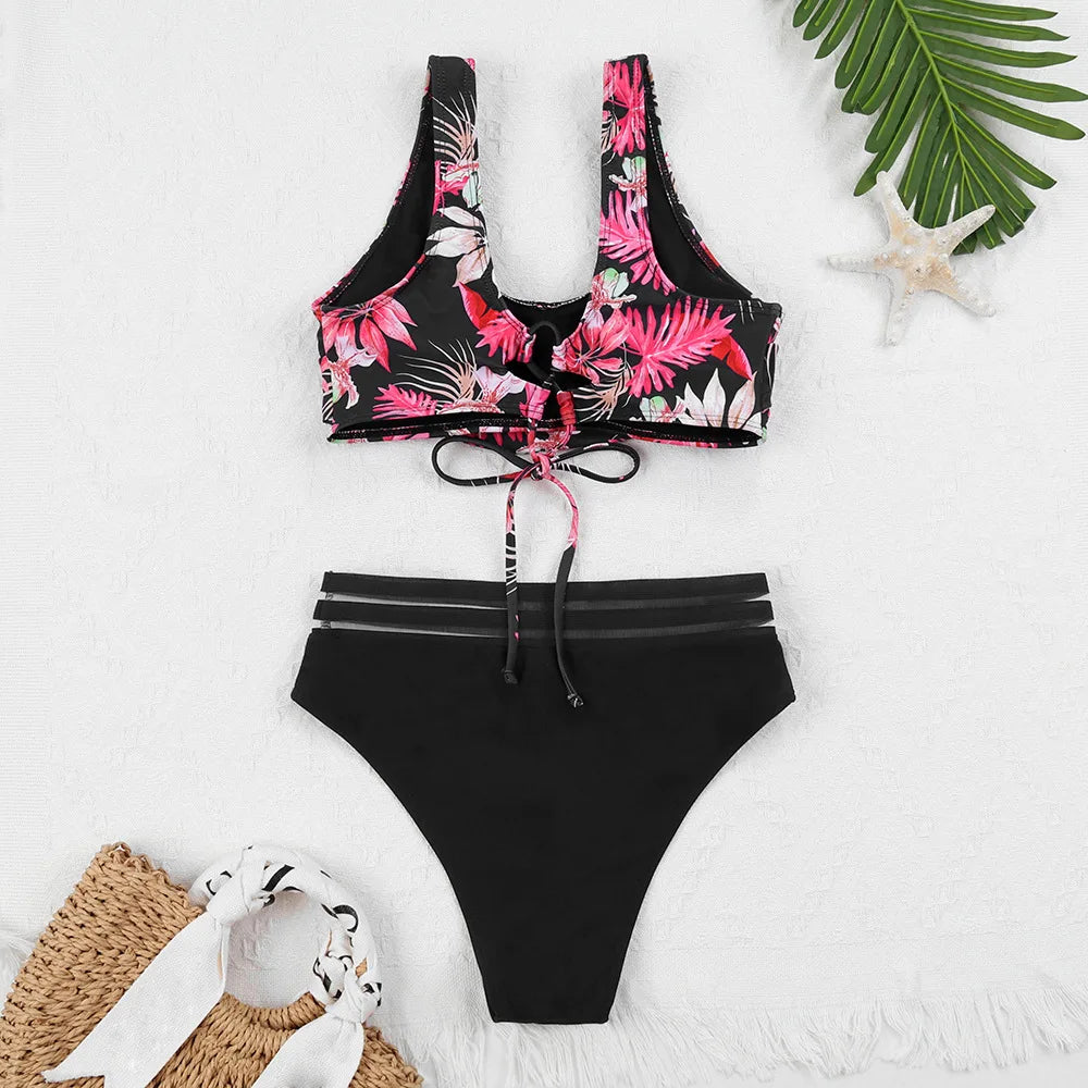 GR | Lace-up High Waist Bikini Women's Swimwear Women's Swimsuit Padded Push-Up Floral Swimsuit Women's Bikini Set