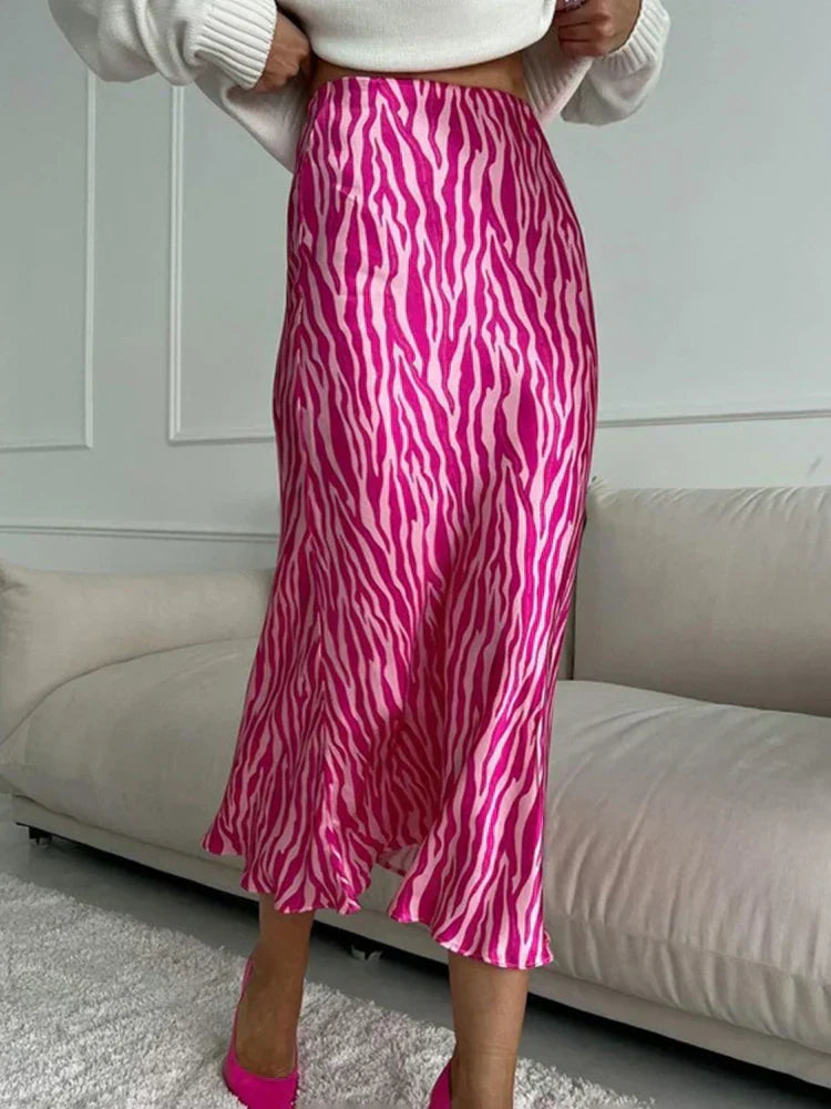 GR | Sommer Herbst Damen Elegant Midi Satin Röcke Gedruckt Hohe Taille Büro Damen Bodycon Bleistift Enger Rock für Damen