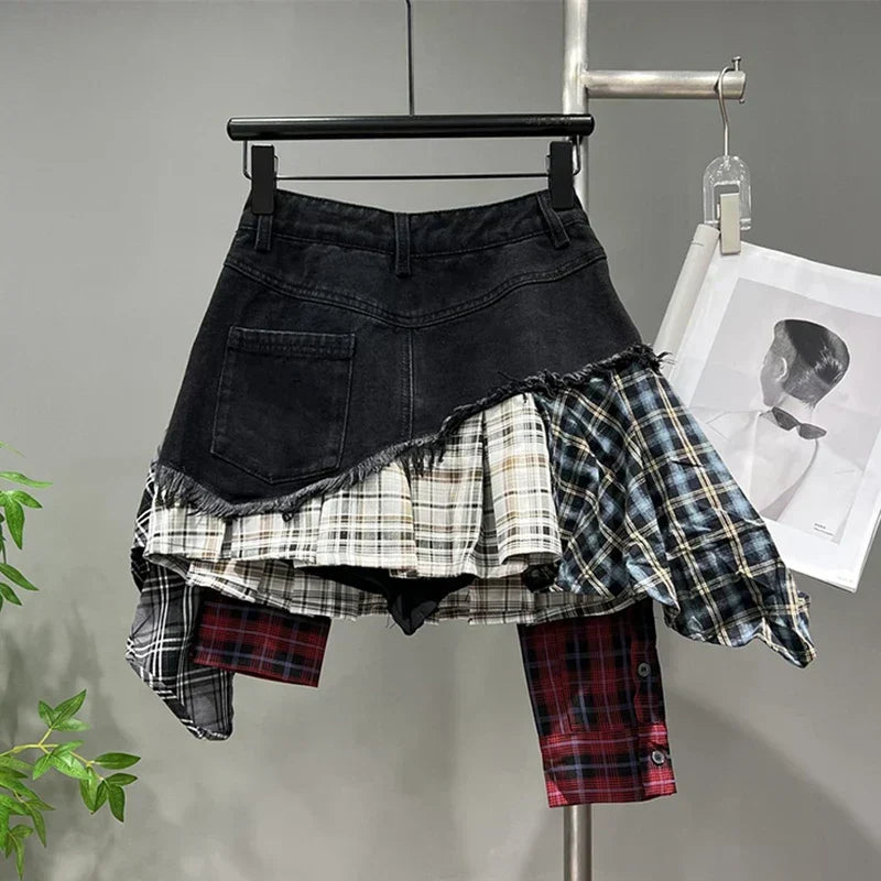 GR | Jahrgang Unregelmäßig Patchwork Kariert Röcke Denim Kurz für Frauen Hohe Taille Eingewickelt Hüfte Mini Rock Sommer Weiblich