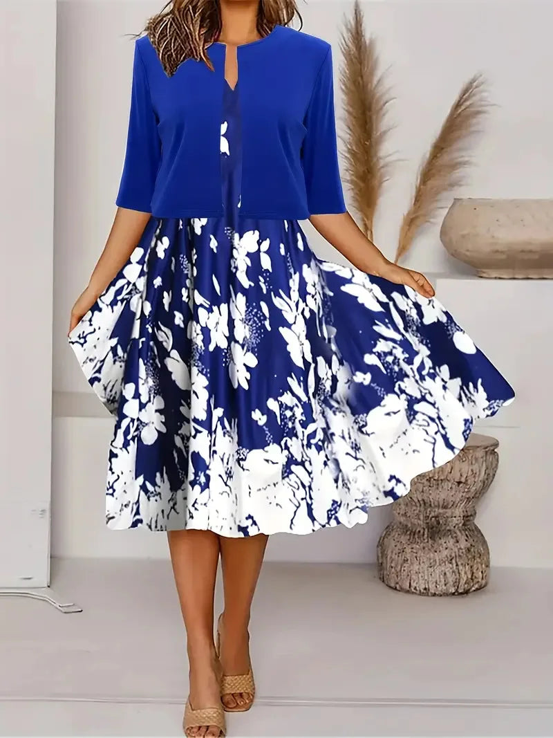 GR | New for summer! EU US Autumn Women's 2 Long Dress Set Floral and Grass Dot Crew Neck Dress with Chiffon Short Jacket