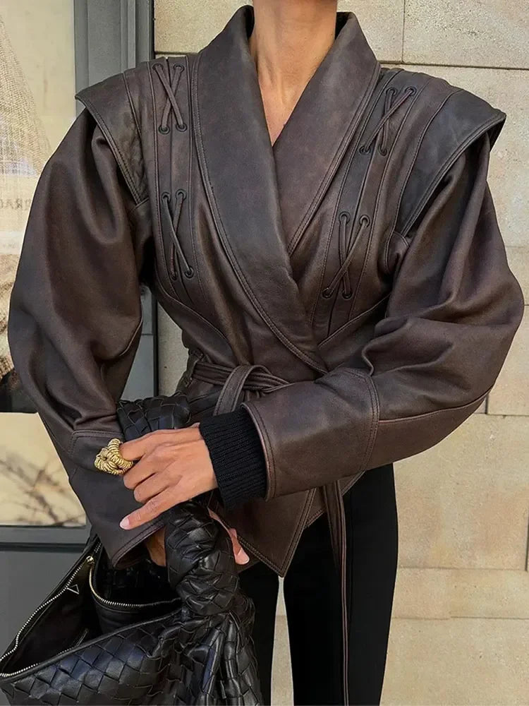 Women's leather coat with lacing 