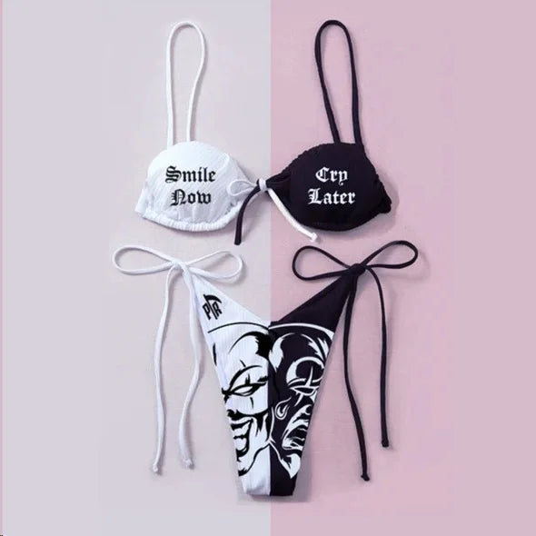 GR | Sexy Goth Bikini Women's Letter Skull Print Swimsuit Split Swimsuit High Waist Gothic Bikini Set Beach Outfits