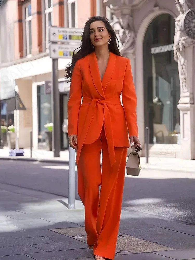 GR | Women's Casual Blazer, Chic Outerwear, Elegant Flared Trousers, Long Sleeve, V-neck, Belt, Office Commuter Suit Set