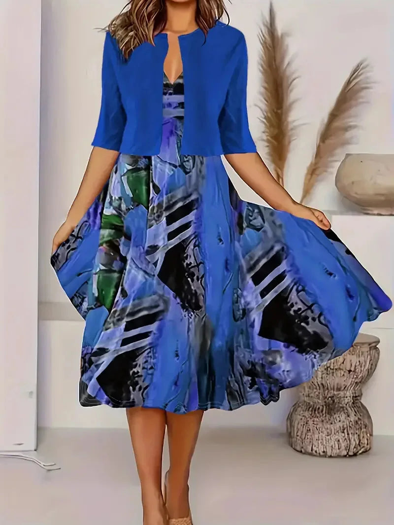 GR | New for summer! EU US Autumn Women's 2 Long Dress Set Floral and Grass Dot Crew Neck Dress with Chiffon Short Jacket
