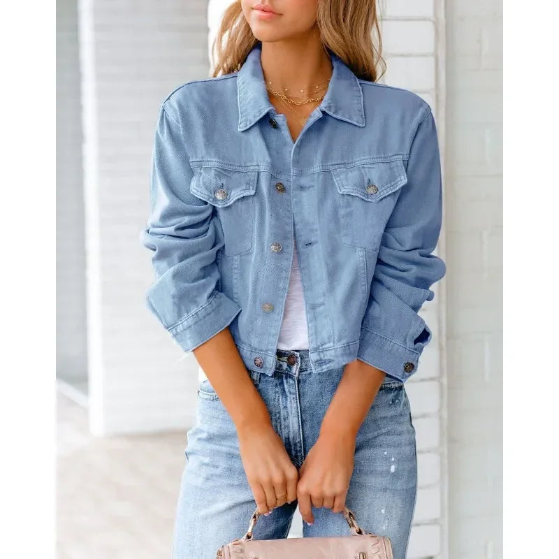 GR | Short pocket jacket Fashion Streetwear Simple button trendy women's denim jackets Long sleeves Autumn New Denim Denim jackets