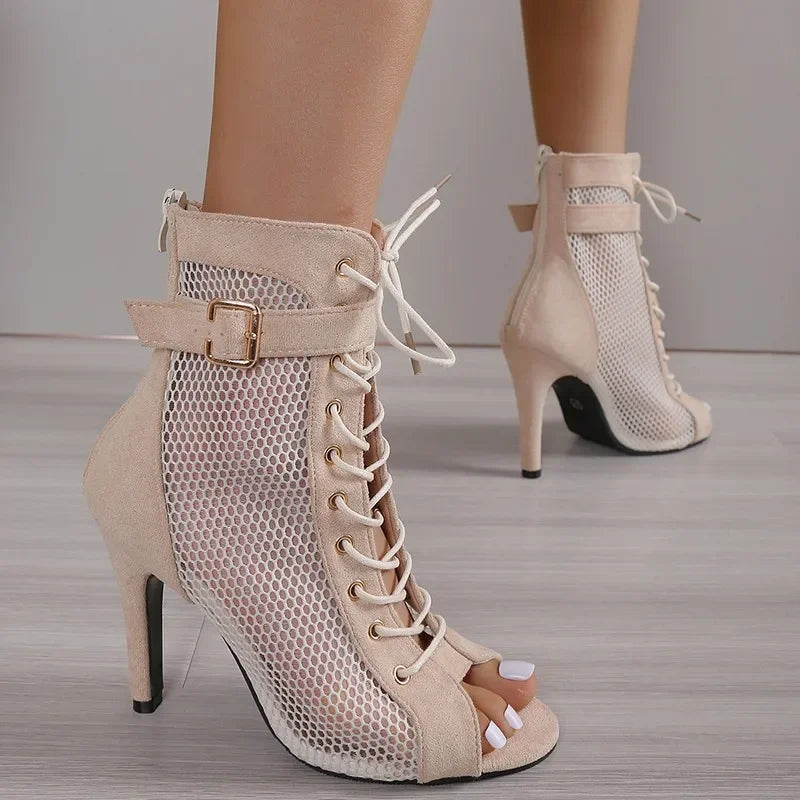 GR | Sandals Cave Mesh Heels Belt Buckle Women's Summer Beige Lace-up Sexy Open Toe Stiletto Jazz Dance Party Women's Shoes