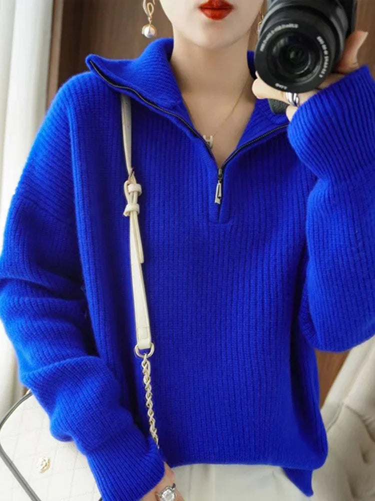 Striped turtleneck women's sweater with zipper