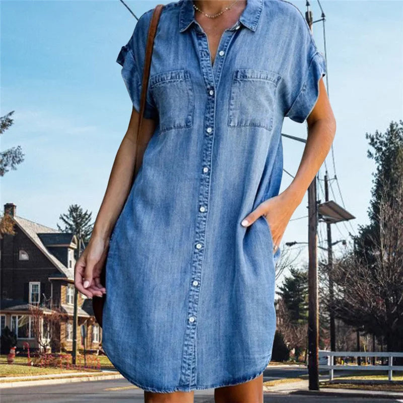 GR | Lässiges Kurzärmeliges Mini Sommerkleid Aus Denim Für Damen Mit Knöpfen