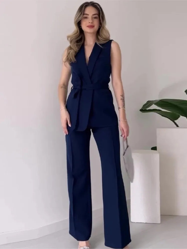 GR | Sleeveless blazer suit, tailored fit, wrap V-neck, wide-leg trousers