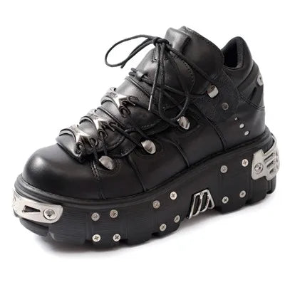GR | Women's Ankle Boots for Women, Thick Sole, Laces, Metal Decoration, Round Toe Platform Shoes, Ladeis Punk Gothic Sneakers