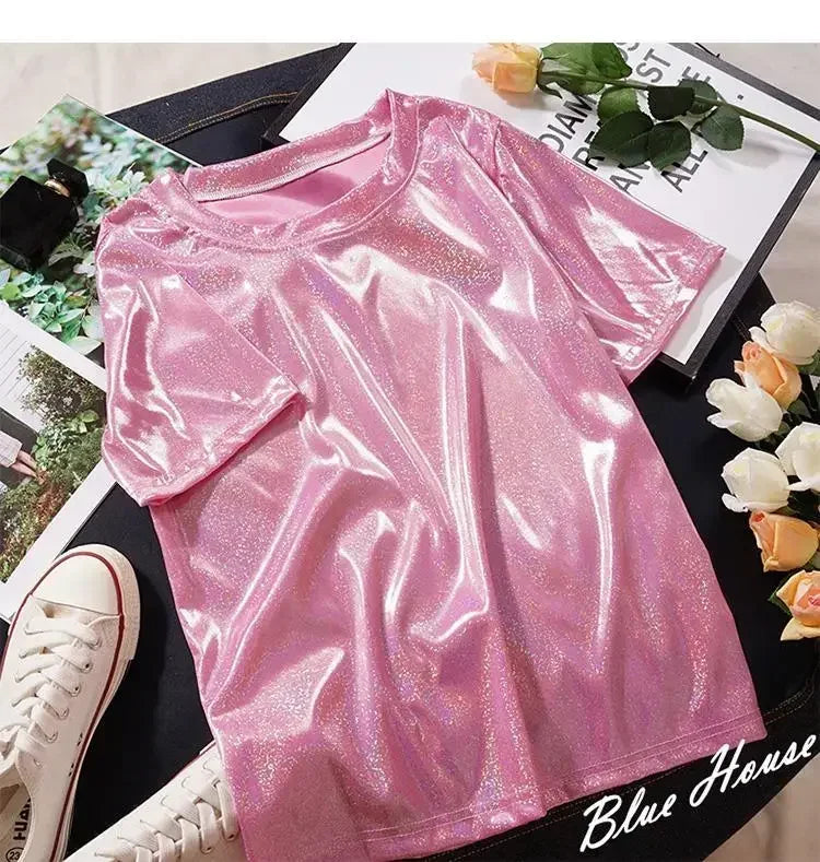 GR | S 5Xl Damen Funkelnd Shiny Metallisch Holografisch Rundhals Kurzarm Lässig Lose Top Festival Party T-Shirt Damenbekleidung