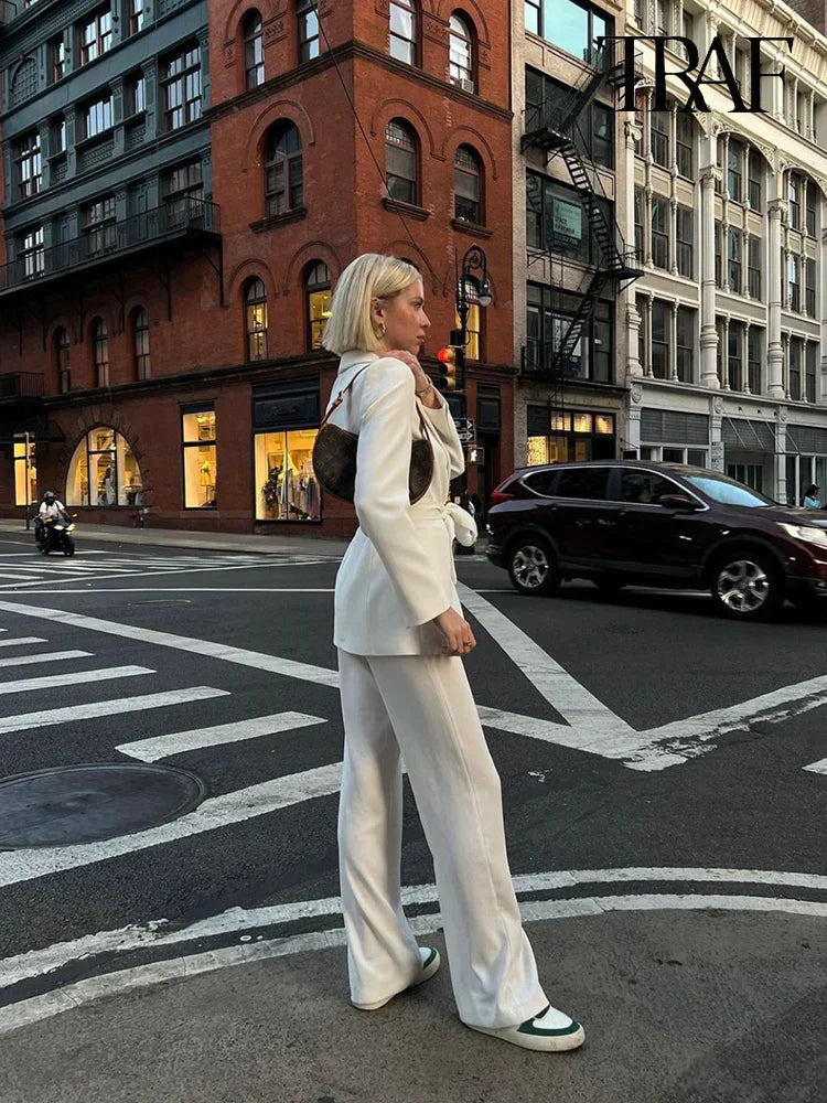 GR | Women's Casual Blazer, Chic Outerwear, Elegant Flared Trousers, Long Sleeve, V-neck, Belt, Office Commuter Suit Set