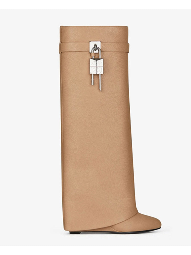 GR | Women's Knee-High Boots Shark Lock Long Thick Soles High Heels Boots Designer Luxury Brand Women's Leather Boots