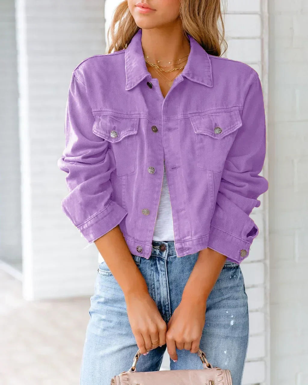 GR | Short pocket jacket Fashion Streetwear Simple button trendy women's denim jackets Long sleeves Autumn New Denim Denim jackets
