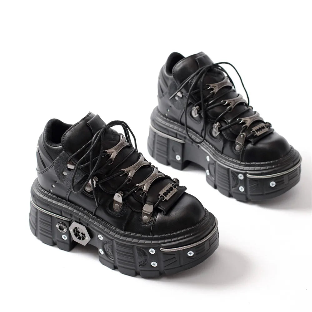 GR | Fashion Women's Ankle Boots, Thin Heels, Round Toe, Lace-Ups, Metal Decoration, Sneakers, Studded, Punk, Gothic, Rock Shoes
