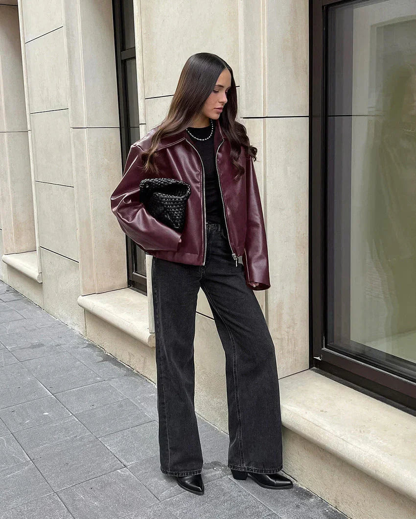 GR | Women's Red Leather Jacket Vintage Leather Jacket with Zipper For Women