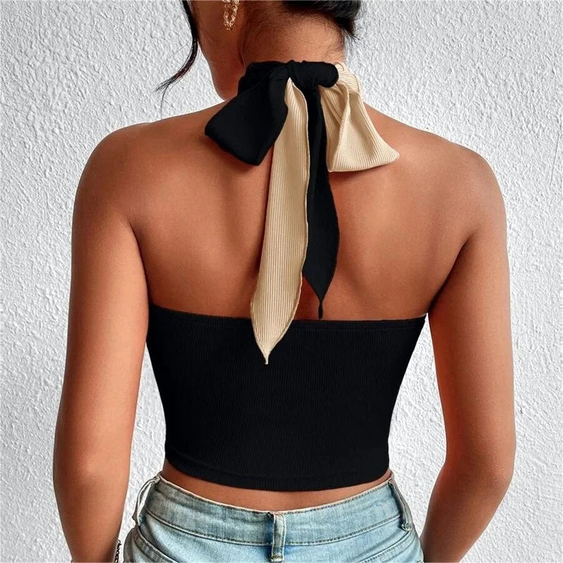 GR | Women's Summer Tank Tops Sexy Patchwork Cross Halterneck Strap Hole Crop Tops High Street Wear New Fashion