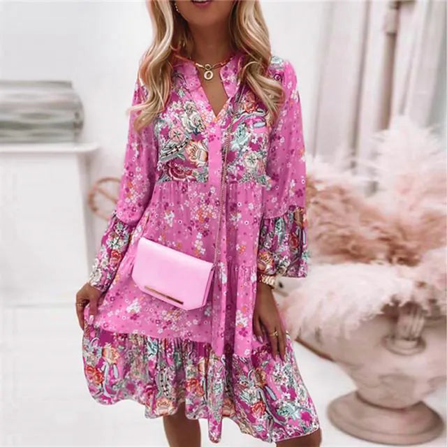GR | Bohemian floral long-sleeved dress for women