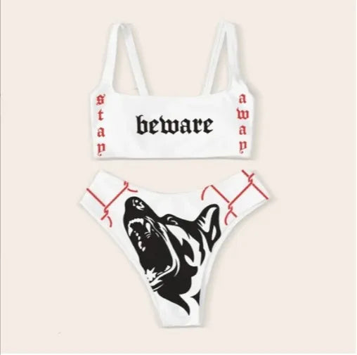 GR | Sexy Goth Bikini Women's Letter Skull Print Swimsuit Split Swimsuit High Waist Gothic Bikini Set Beach Outfits