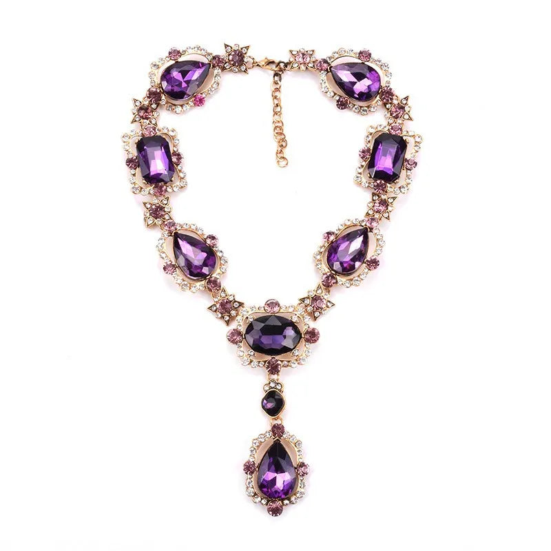 GR | Statement Rhinestones Jewelry Large Gemstone Gem Stone Crystal Victorian Jewelry Green Emerald Bib Necklace for Women