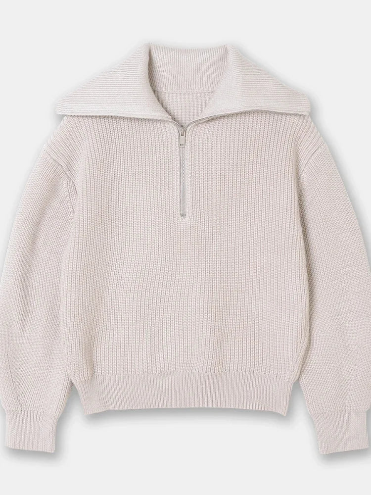 Wide turtleneck women's sweater with striped lapel