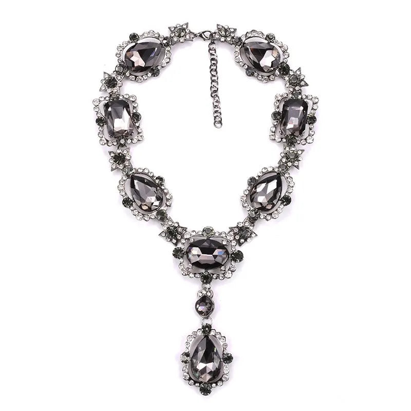 GR | Statement Rhinestones Jewelry Large Gemstone Gem Stone Crystal Victorian Jewelry Green Emerald Bib Necklace for Women