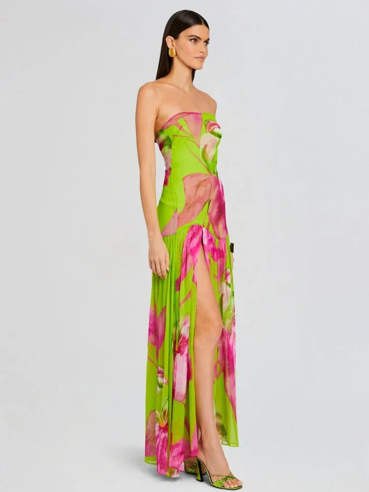 GR | New Summer Print Strapless Mesh Patchwork Slit Long Dress Women Sexy Sleeveless Printed Colorful Holiday Maxi Dress Party