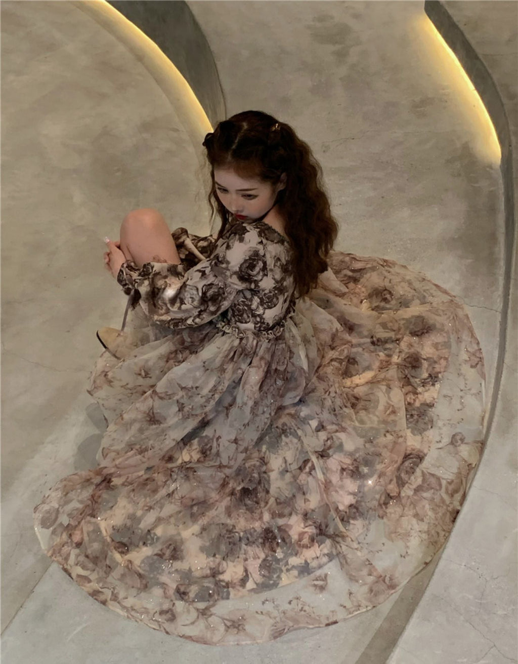 GR | Floral Fairy Princess Dress with Detachable High-Low Skirt Layer 
