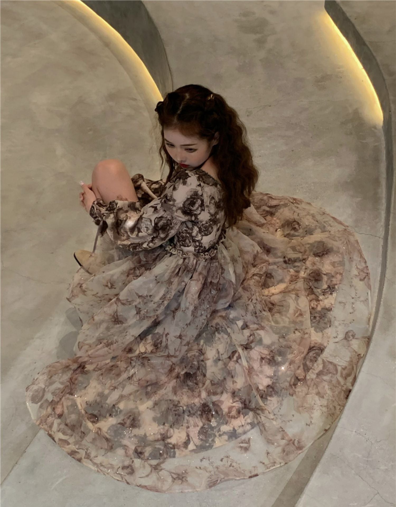 GR | Floral Fairy Princess Dress with Detachable High-Low Skirt Layer 