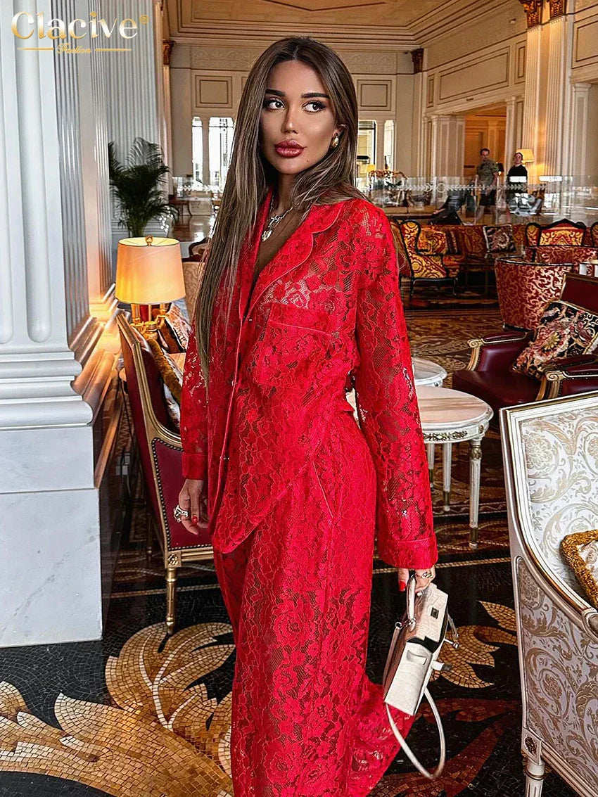 GR | Clacive Sexy Loose Black Lace Transparent Pants Set Women's 2 Piece Fashion Long Sleeve Shirt with High Waist Wide Pants Set