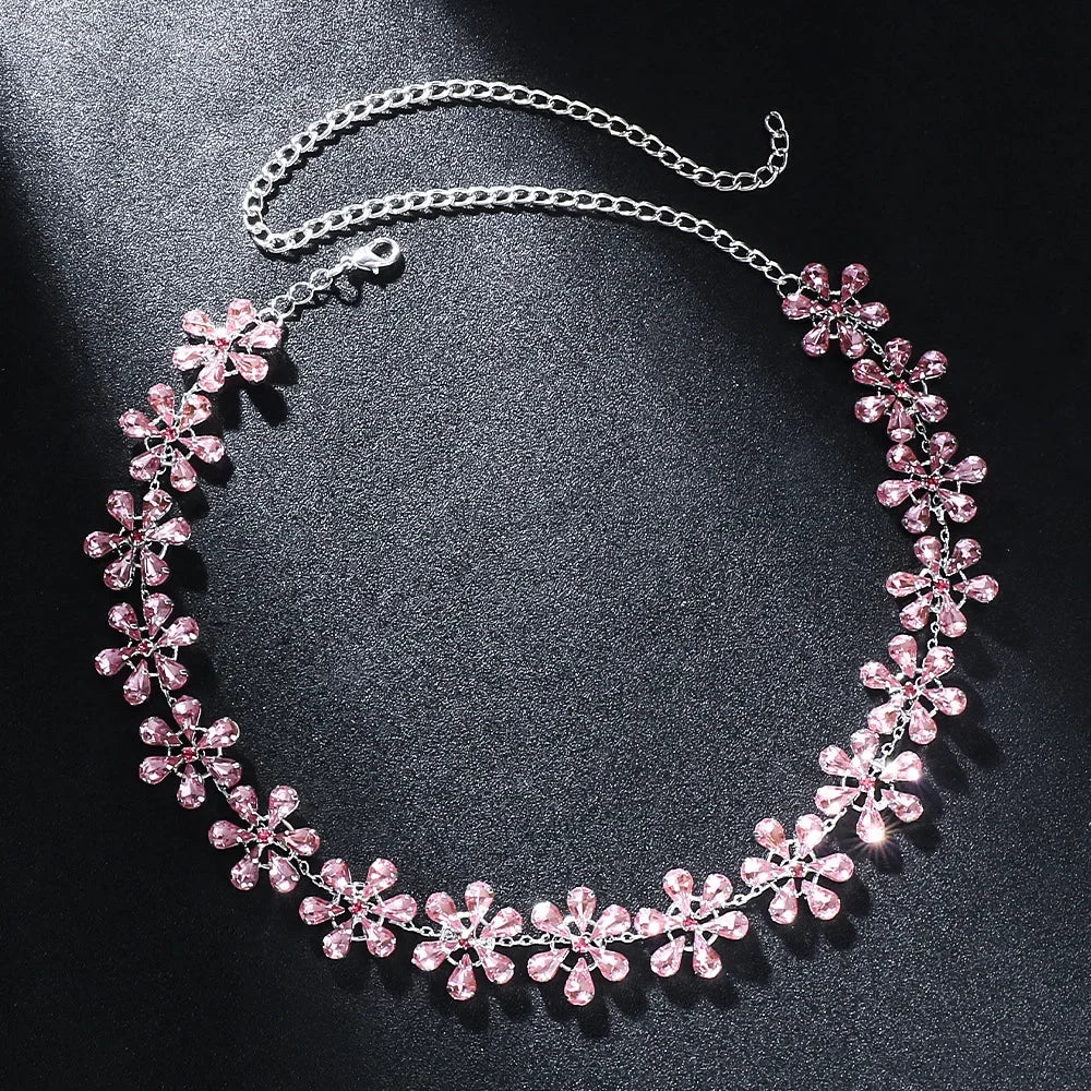 GR | Fashion Pink Crystal Flowers Choker Necklace Statement Accessories Fashion Women's Rhinestone Collar Necklace Clavicle Jewelry Ins
