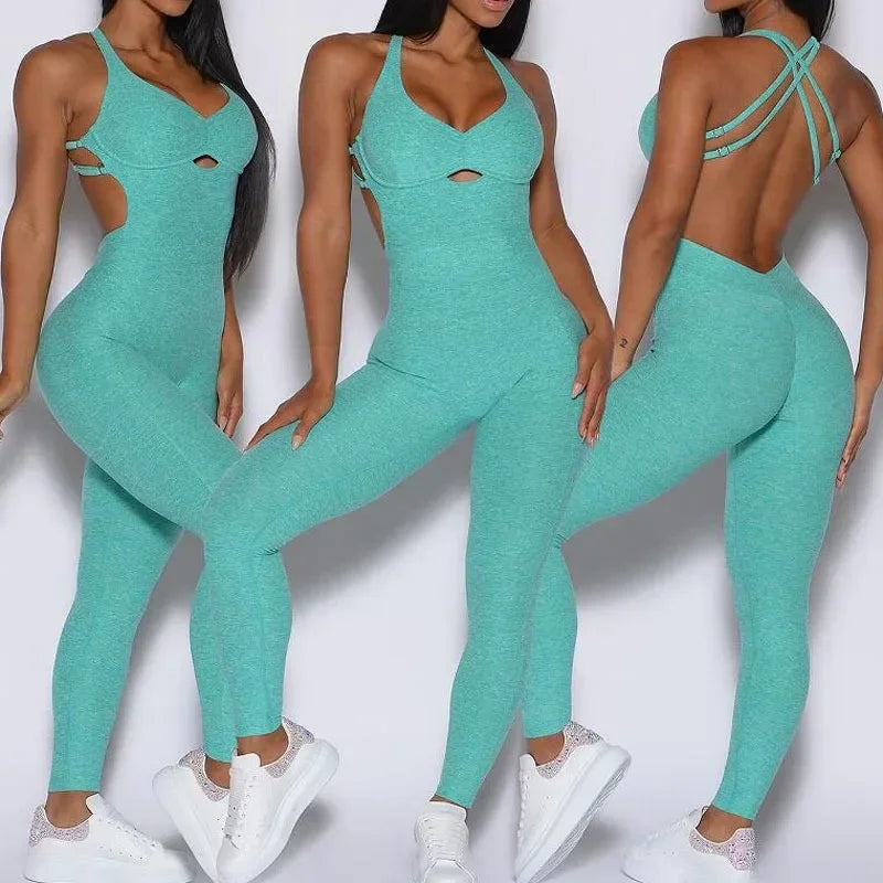 GR | Sporty Jumpsuit Women's Sportswear Push-Up Gym Set Women's Fitness Overall Lycra Sports Outfit for Women Sportswear Yoga Clothing Pink