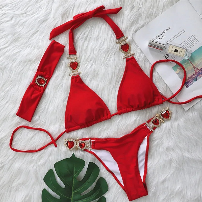GR | Pink Sexy Bikinis Swimwear with Heart Rhinestones Women's Swimwear Female Push-Up Bikini Beach Swimwear Bathing Suits Pool Swimwear