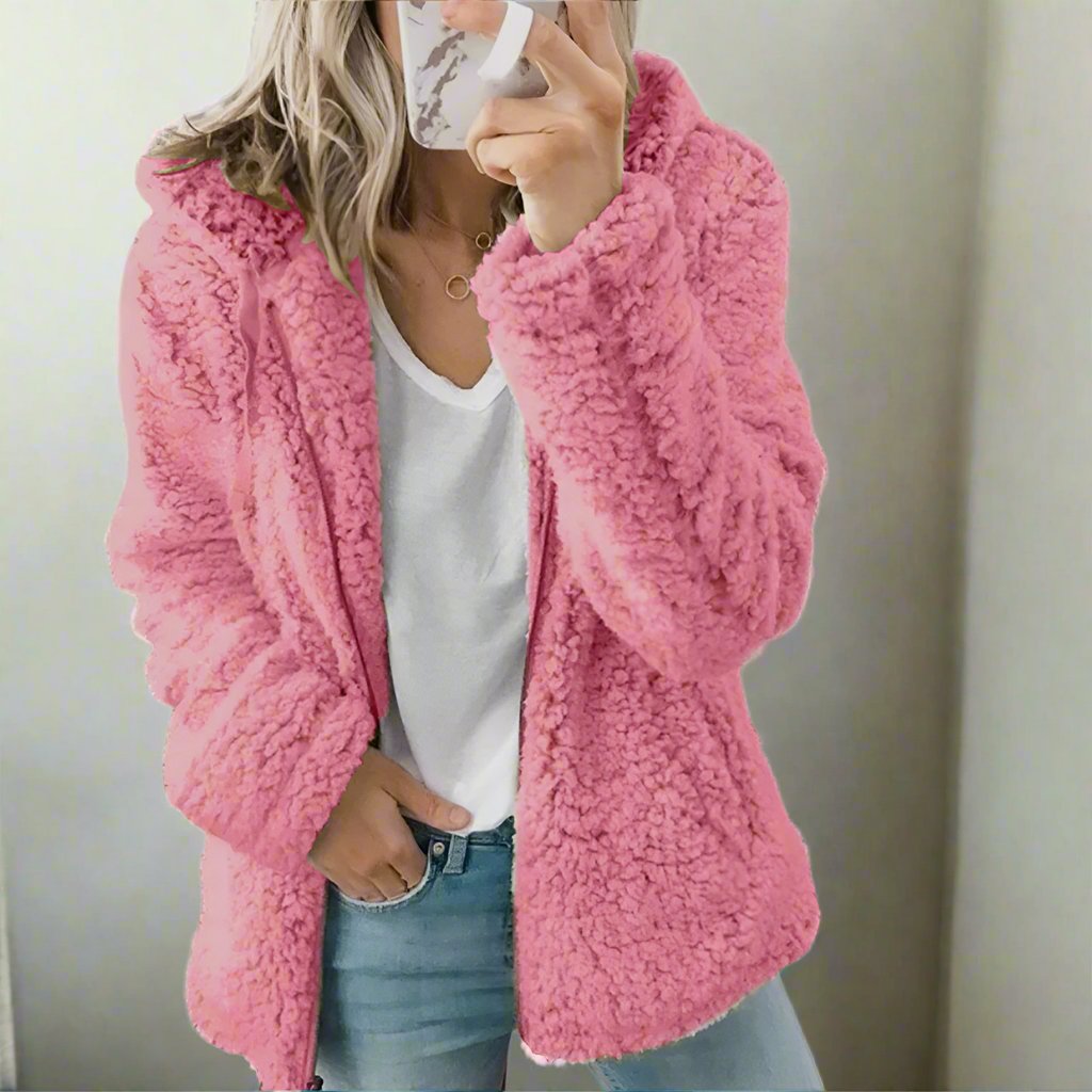 GR | Women's Teddy Fleece Jacket with Hood - Soft Winter Jacket with Zipper