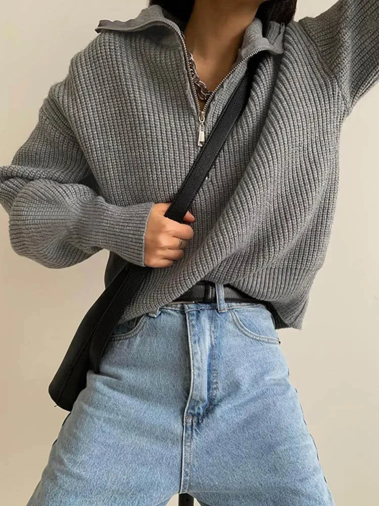 Striped turtleneck women's sweater with zipper