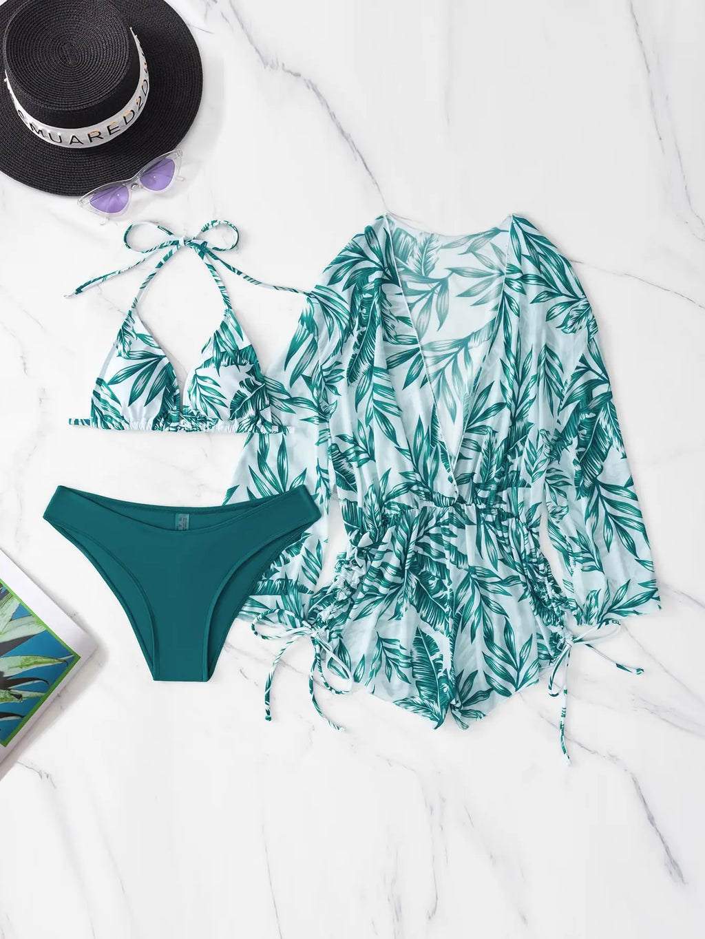 GR | 3-Piece Bikini Tropical Print Swimwear Halter Lace-Up Side Swimsuit Women's Bathing Suit Female Swimming Summer Beachwear